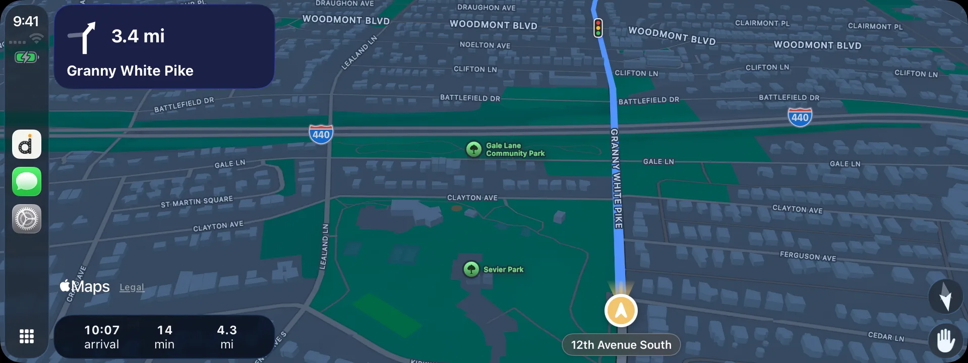 drivelamp on a car's CarPlay screen: the calm route, the next turn and the way out.