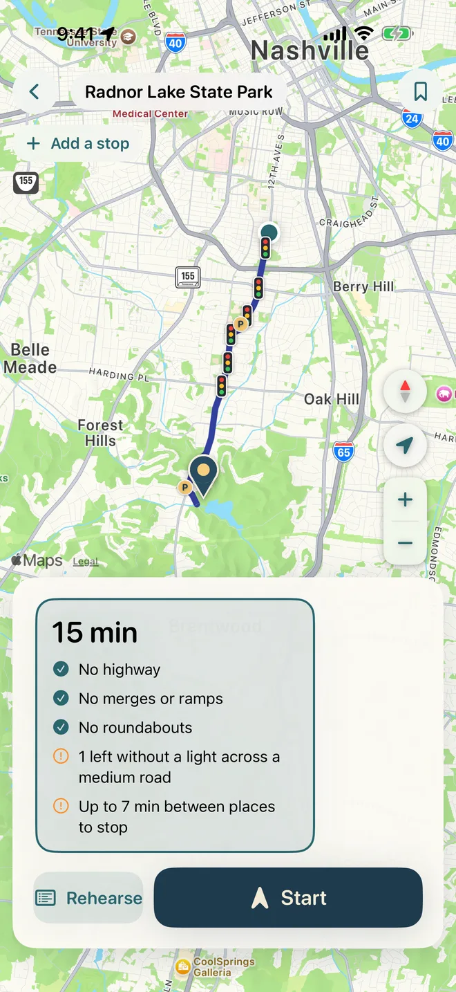 drivelamp's route preview: a calm route on the map, how long it takes, and what it leaves out.