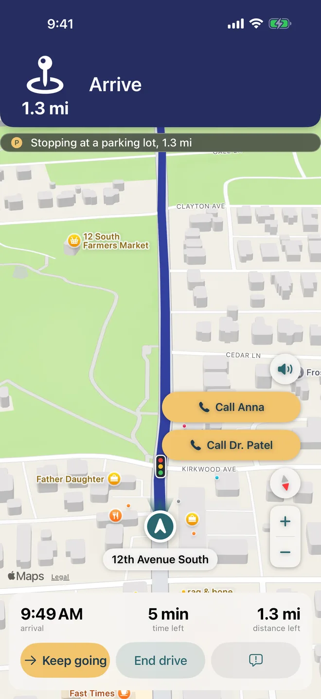 After Stop: the nearest place to pull over, and how far it is.